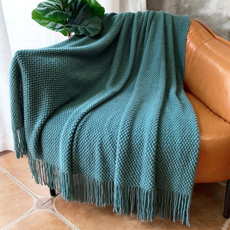 LOMAO Knitted Throw Blanket with Tassels Bubble Textured Soft Blanket Lightweight Warm Throw Blanket for Couch Cover Home Decor (Teal, 50x60) - Image 1
